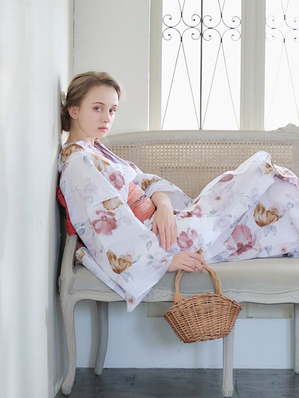 画像15: 【即日発送】【浴衣】白地x暖色椿浴衣  【浴衣３点セット 浴衣/帯/下駄】[YMT] (15)