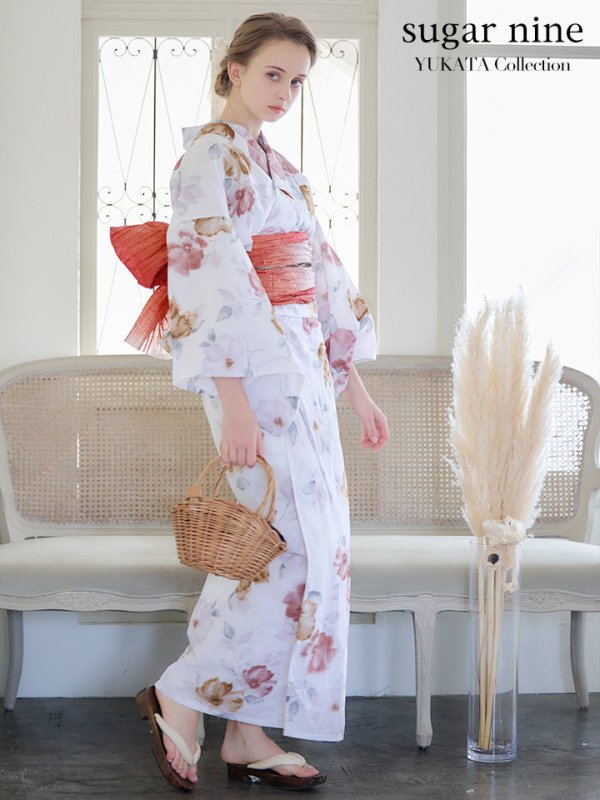画像2: 【即日発送】【浴衣】白地x暖色椿浴衣  【浴衣３点セット 浴衣/帯/下駄】[YMT] (2)
