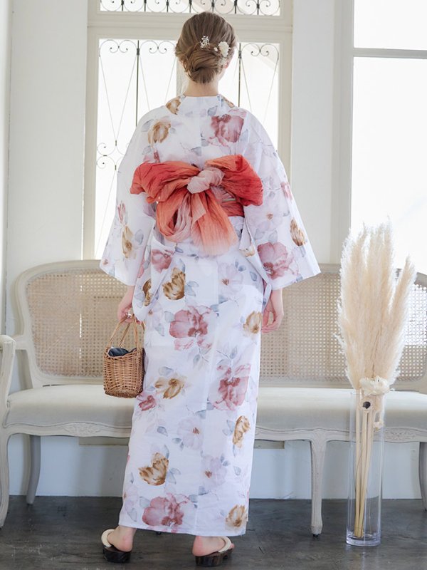 画像8: 【即日発送】【浴衣】白地x暖色椿浴衣  【浴衣３点セット 浴衣/帯/下駄】[YMT] (8)