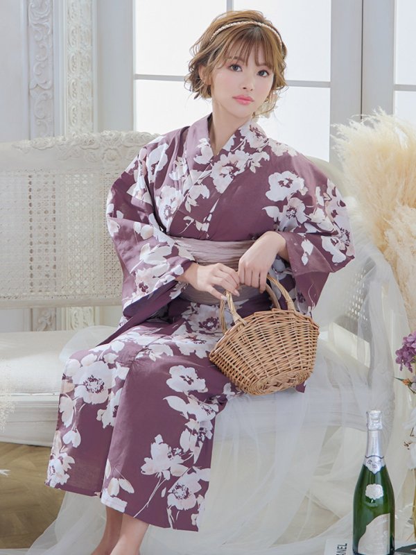 画像10: 【即日発送】【浴衣セール！】エンジ×椿ニュアンス浴衣  【浴衣３点セット 浴衣/帯/下駄】[YMT] (10)