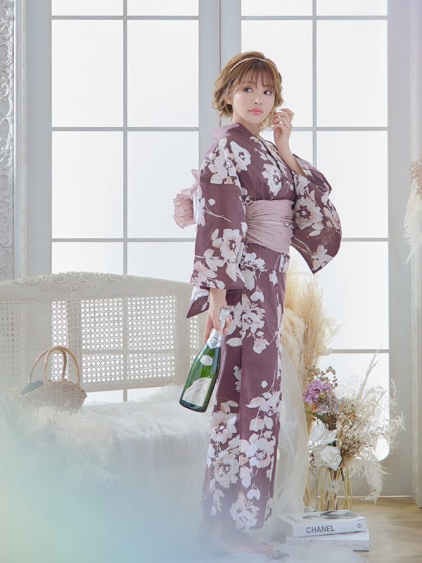 画像12: 【即日発送】【浴衣セール！】エンジ×椿ニュアンス浴衣  【浴衣３点セット 浴衣/帯/下駄】[YMT] (12)