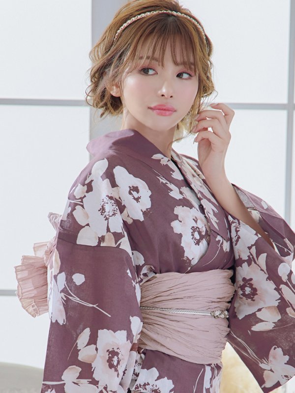 画像5: 【即日発送】【浴衣セール！】エンジ×椿ニュアンス浴衣  【浴衣３点セット 浴衣/帯/下駄】[YMT] (5)