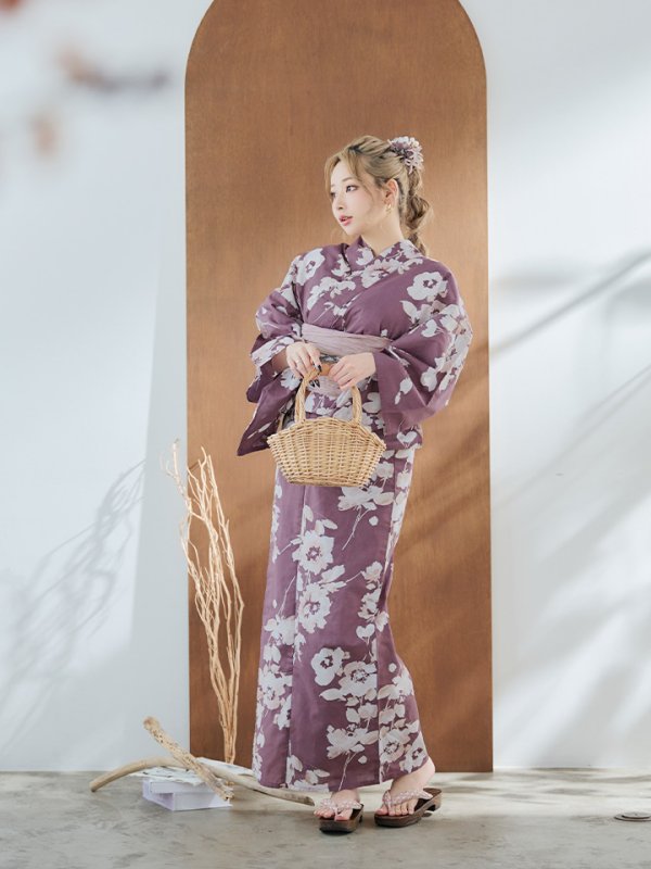 画像5: 【即日発送】【浴衣セール！】エンジ×椿ニュアンス浴衣  【浴衣３点セット 浴衣/帯/下駄】[YMT] (5)