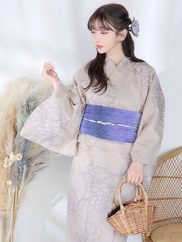 画像11: 【即日発送】ベージュ地に線画の椿浴衣  【浴衣３点セット 浴衣/帯/下駄】[YMT] (11)