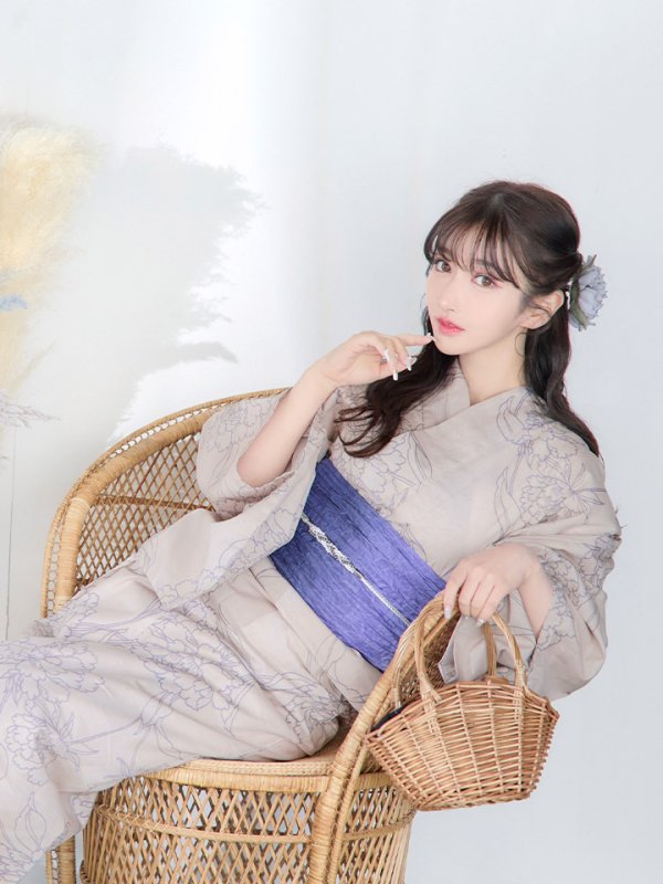 画像14: 【即日発送】ベージュ地に線画の椿浴衣  【浴衣３点セット 浴衣/帯/下駄】[YMT] (14)