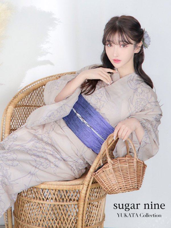 画像2: 【即日発送】ベージュ地に線画の椿浴衣  【浴衣３点セット 浴衣/帯/下駄】[YMT] (2)