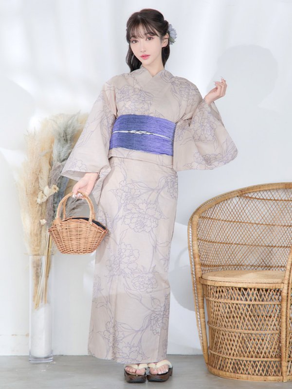 画像4: 【即日発送】ベージュ地に線画の椿浴衣  【浴衣３点セット 浴衣/帯/下駄】[YMT] (4)