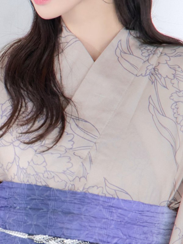 画像6: 【即日発送】ベージュ地に線画の椿浴衣  【浴衣３点セット 浴衣/帯/下駄】[YMT] (6)