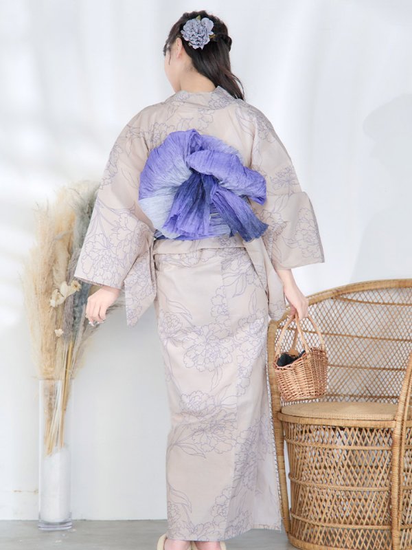 画像8: 【即日発送】ベージュ地に線画の椿浴衣  【浴衣３点セット 浴衣/帯/下駄】[YMT] (8)