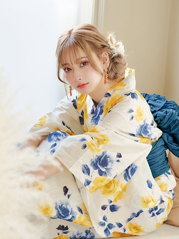 画像10: 【即日発送】ブルーxイエローローズ 薔薇 浴衣  【浴衣３点セット 浴衣/帯/下駄】[YMT] (10)