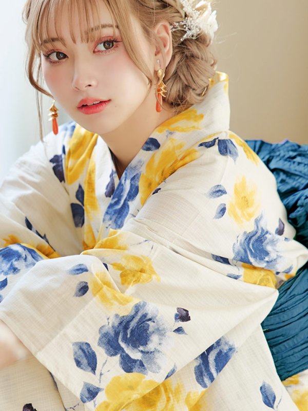 画像12: 【即日発送】ブルーxイエローローズ 薔薇 浴衣  【浴衣３点セット 浴衣/帯/下駄】[YMT] (12)