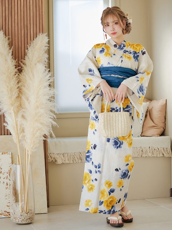 画像14: 【即日発送】ブルーxイエローローズ 薔薇 浴衣  【浴衣３点セット 浴衣/帯/下駄】[YMT] (14)