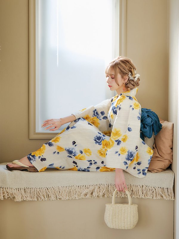 画像16: 【即日発送】ブルーxイエローローズ 薔薇 浴衣  【浴衣３点セット 浴衣/帯/下駄】[YMT] (16)