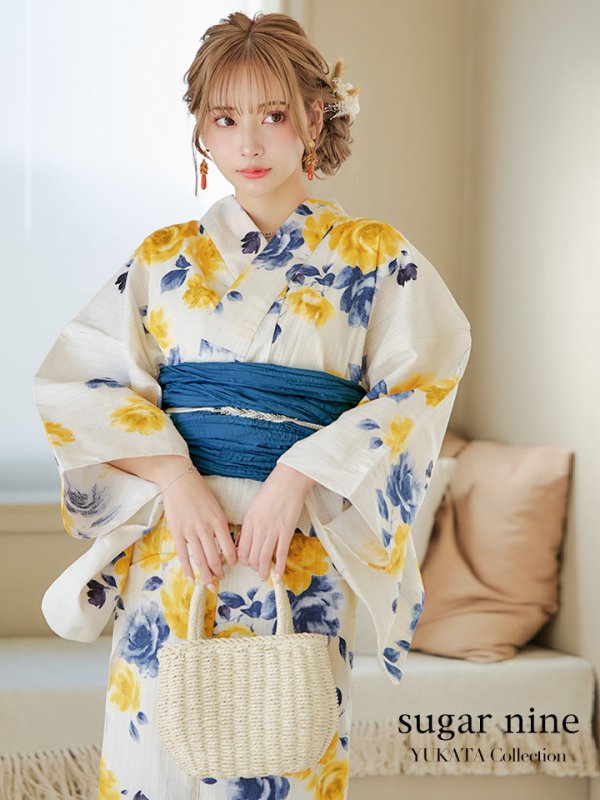 画像2: 【即日発送】ブルーxイエローローズ 薔薇 浴衣  【浴衣３点セット 浴衣/帯/下駄】[YMT] (2)