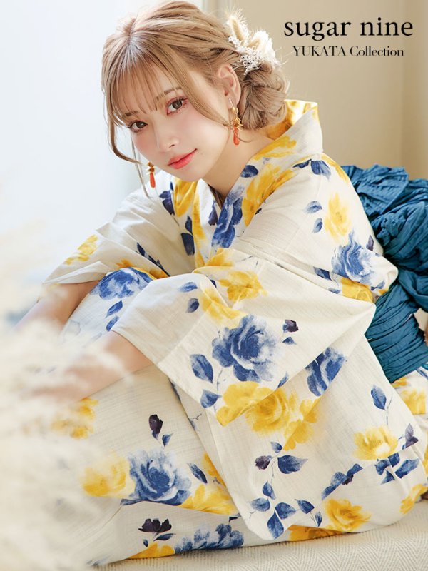画像3: 【即日発送】ブルーxイエローローズ 薔薇 浴衣  【浴衣３点セット 浴衣/帯/下駄】[YMT] (3)