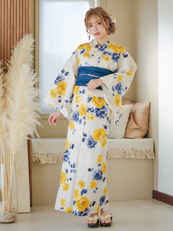 画像4: 【即日発送】ブルーxイエローローズ 薔薇 浴衣  【浴衣３点セット 浴衣/帯/下駄】[YMT] (4)