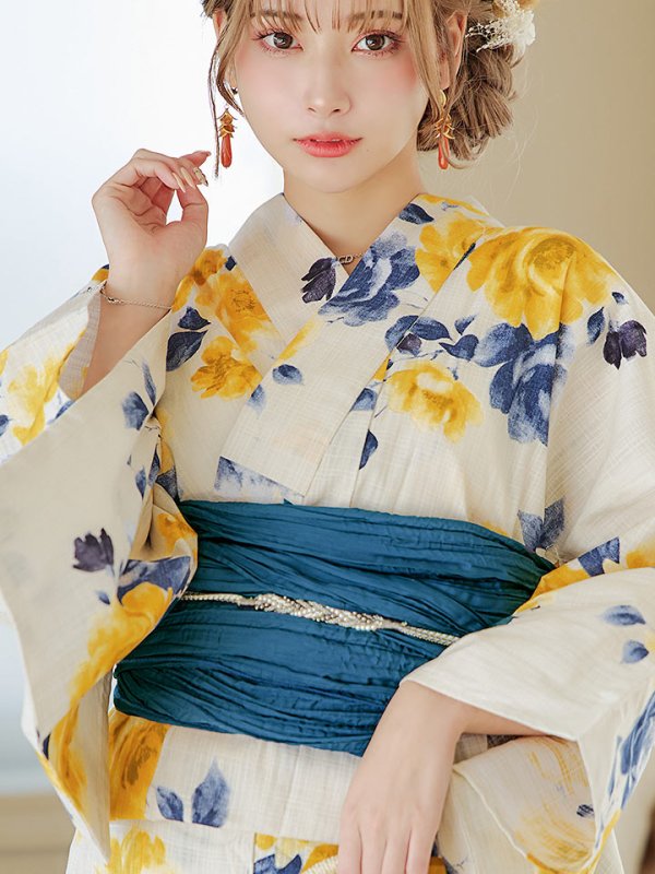 画像5: 【即日発送】ブルーxイエローローズ 薔薇 浴衣  【浴衣３点セット 浴衣/帯/下駄】[YMT] (5)