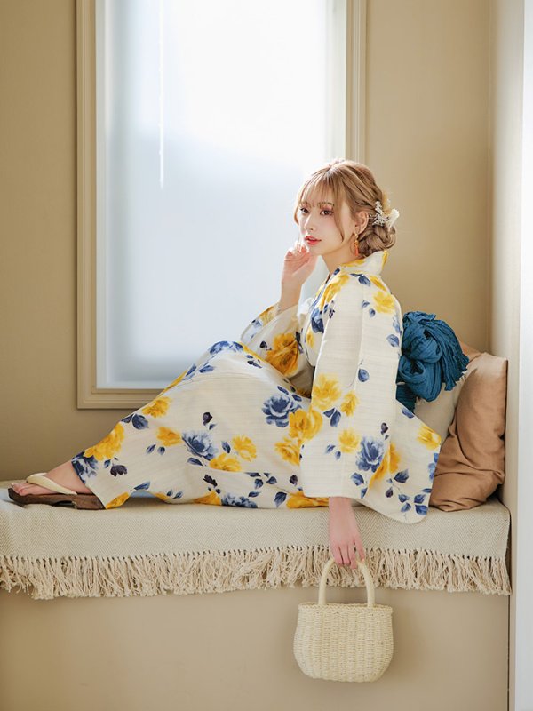 画像9: 【即日発送】ブルーxイエローローズ 薔薇 浴衣  【浴衣３点セット 浴衣/帯/下駄】[YMT] (9)