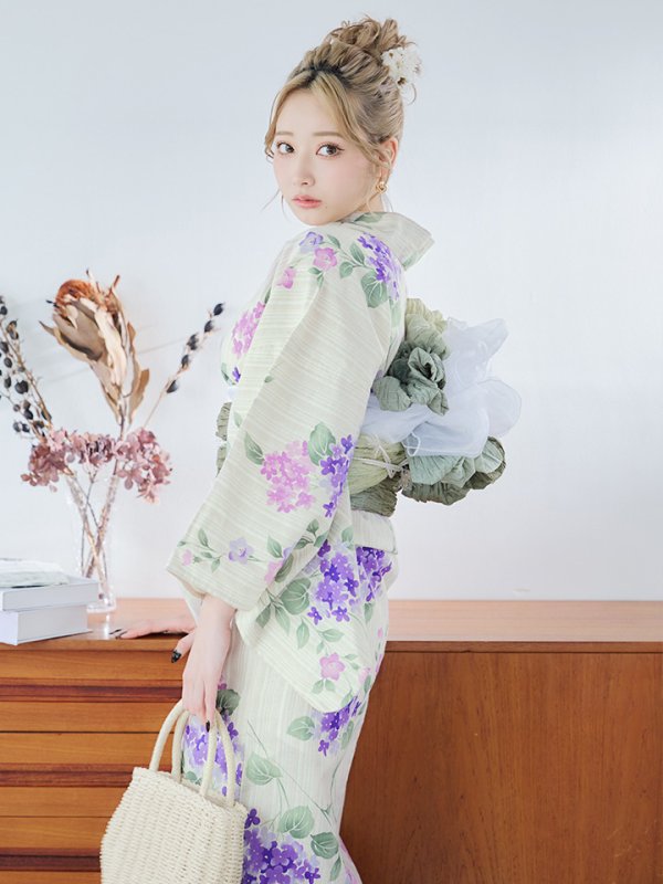 画像9: 【即日発送】クリームストライプ地x紫陽花浴衣  【浴衣３点セット 浴衣/帯/下駄】[YMT] (9)