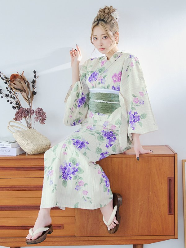 画像10: 【即日発送】クリームストライプ地x紫陽花浴衣  【浴衣３点セット 浴衣/帯/下駄】[YMT] (10)