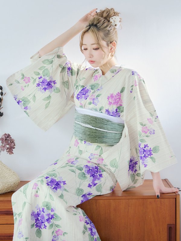 画像11: 【即日発送】クリームストライプ地x紫陽花浴衣  【浴衣３点セット 浴衣/帯/下駄】[YMT] (11)