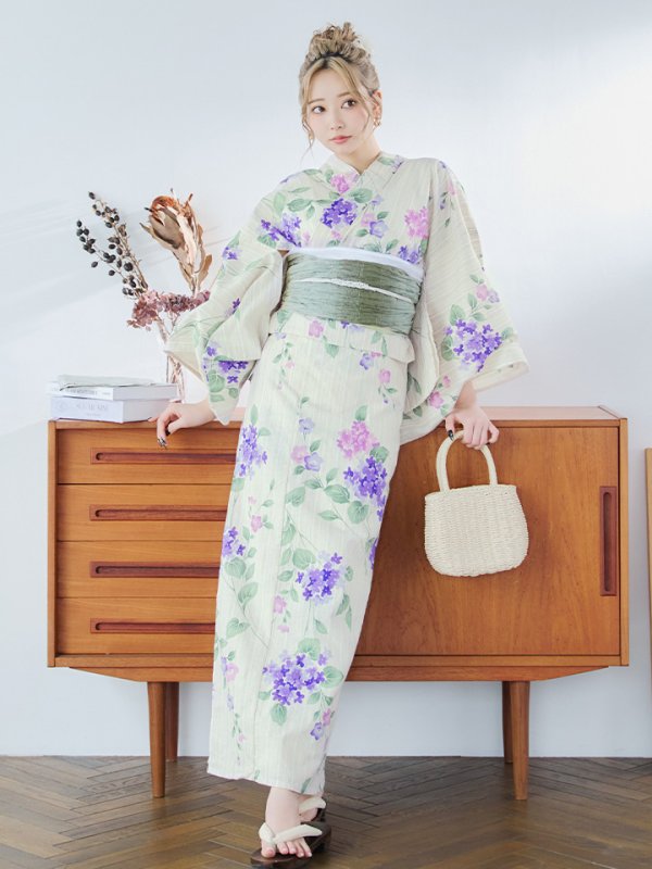 画像12: 【即日発送】クリームストライプ地x紫陽花浴衣  【浴衣３点セット 浴衣/帯/下駄】[YMT] (12)