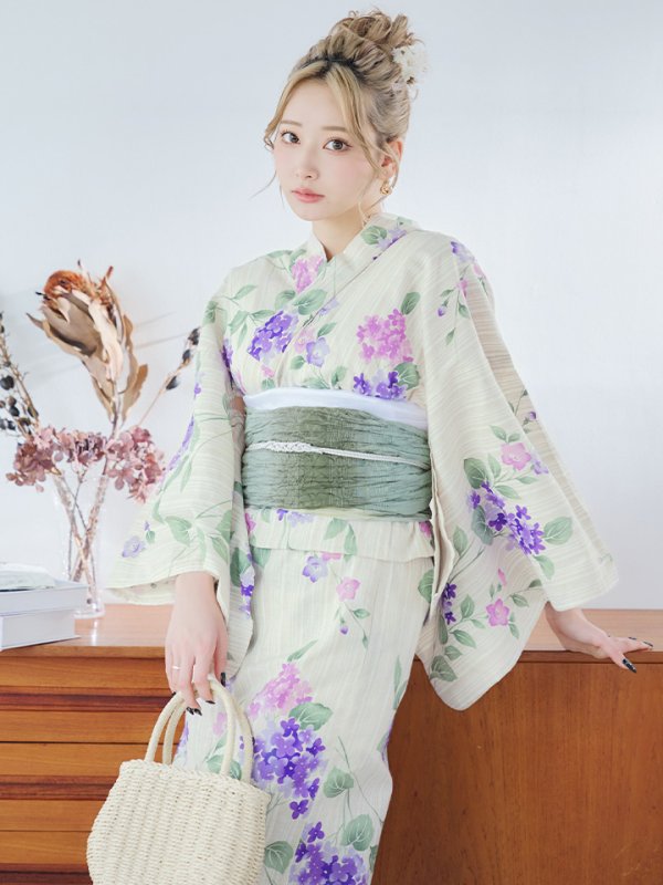 画像13: 【即日発送】クリームストライプ地x紫陽花浴衣  【浴衣３点セット 浴衣/帯/下駄】[YMT] (13)