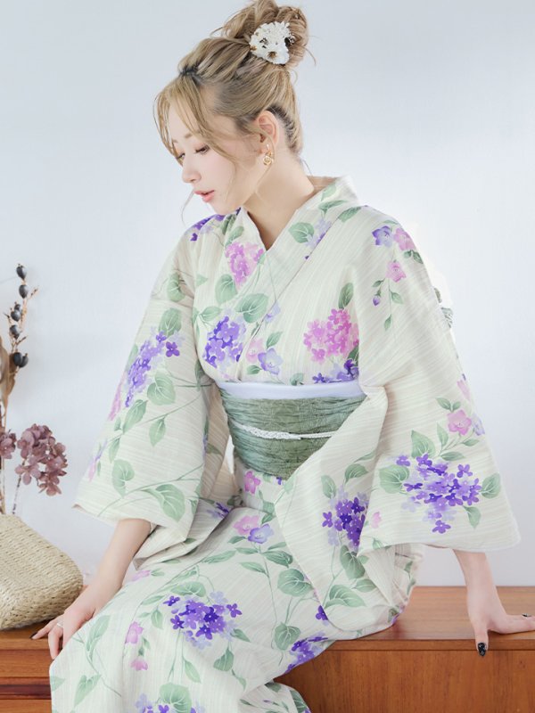 画像14: 【即日発送】クリームストライプ地x紫陽花浴衣  【浴衣３点セット 浴衣/帯/下駄】[YMT] (14)