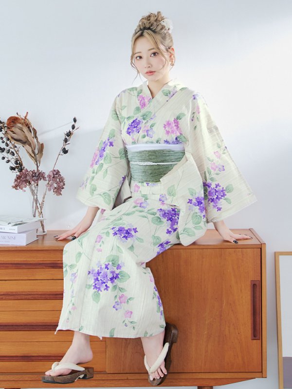 画像15: 【即日発送】クリームストライプ地x紫陽花浴衣  【浴衣３点セット 浴衣/帯/下駄】[YMT] (15)