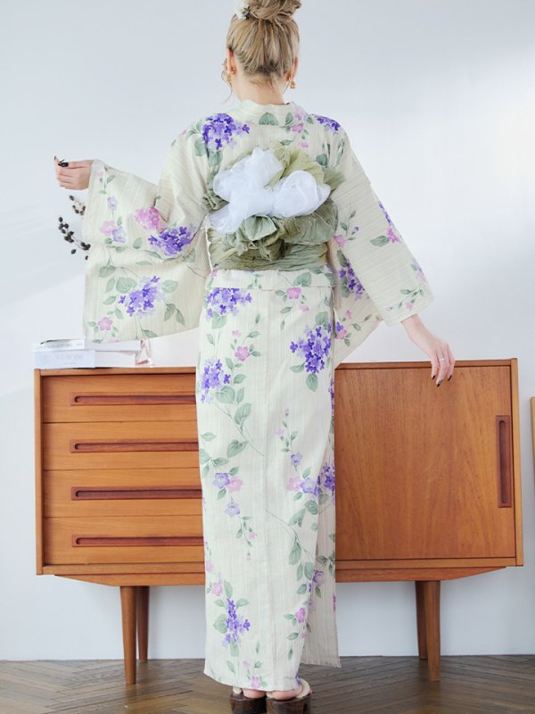 画像16: 【即日発送】クリームストライプ地x紫陽花浴衣  【浴衣３点セット 浴衣/帯/下駄】[YMT] (16)