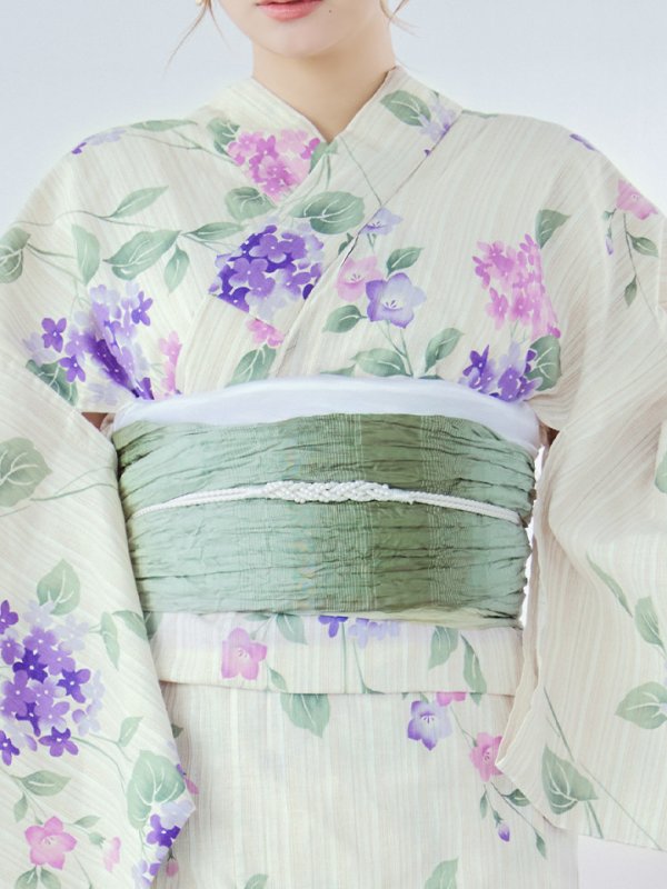 画像17: 【即日発送】クリームストライプ地x紫陽花浴衣  【浴衣３点セット 浴衣/帯/下駄】[YMT] (17)