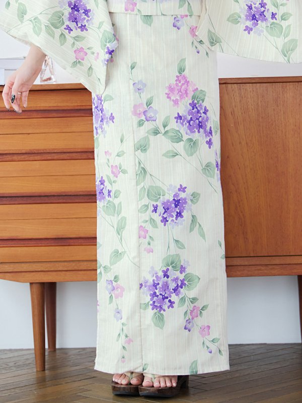 画像18: 【即日発送】クリームストライプ地x紫陽花浴衣  【浴衣３点セット 浴衣/帯/下駄】[YMT] (18)