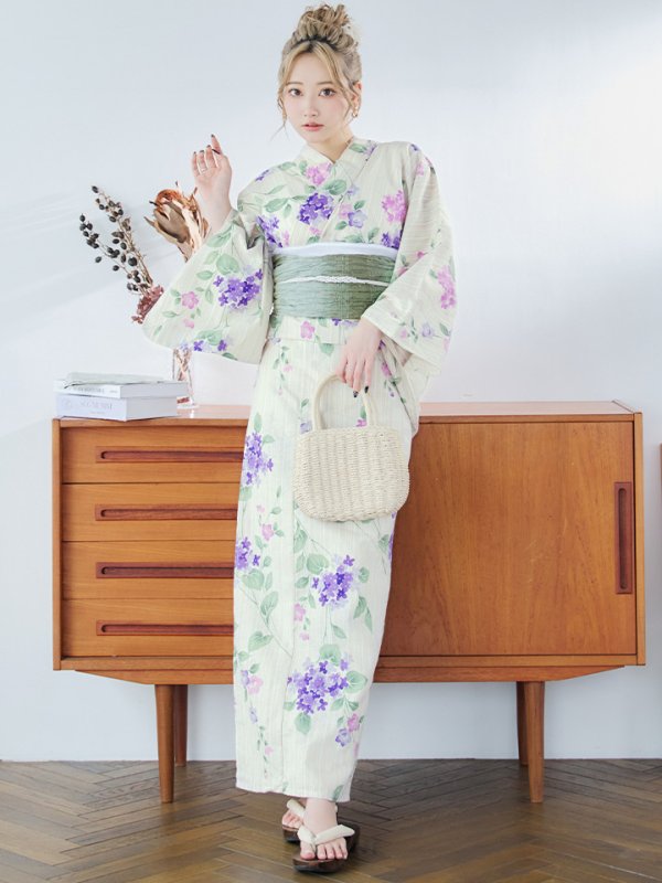 画像3: 【即日発送】クリームストライプ地x紫陽花浴衣  【浴衣３点セット 浴衣/帯/下駄】[YMT] (3)