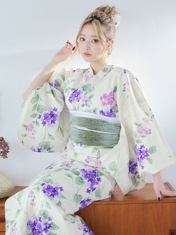 画像4: 【即日発送】クリームストライプ地x紫陽花浴衣  【浴衣３点セット 浴衣/帯/下駄】[YMT] (4)