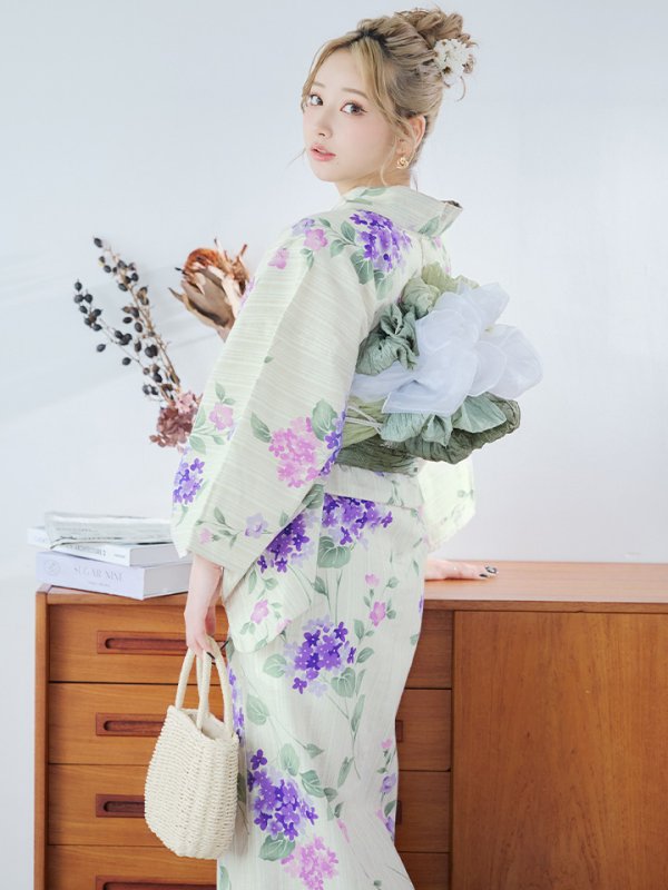 画像5: 【即日発送】クリームストライプ地x紫陽花浴衣  【浴衣３点セット 浴衣/帯/下駄】[YMT] (5)