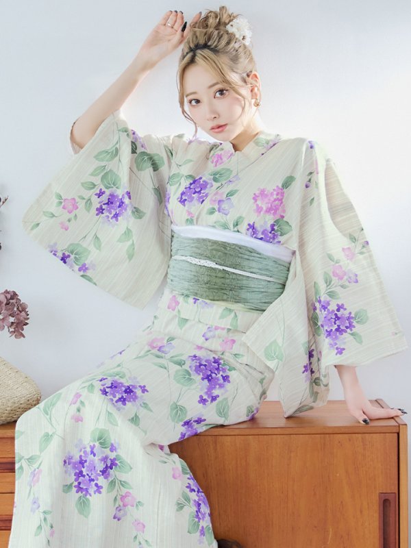 画像6: 【即日発送】クリームストライプ地x紫陽花浴衣  【浴衣３点セット 浴衣/帯/下駄】[YMT] (6)