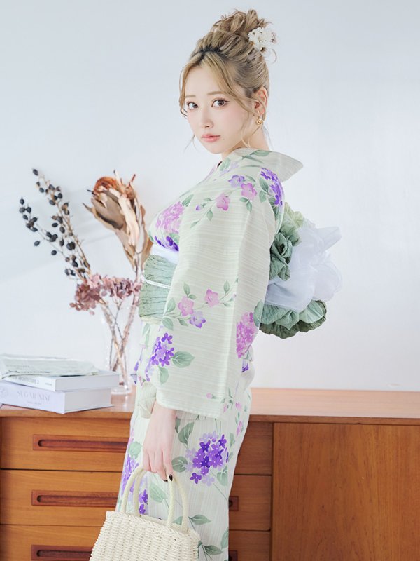 画像7: 【即日発送】クリームストライプ地x紫陽花浴衣  【浴衣３点セット 浴衣/帯/下駄】[YMT] (7)