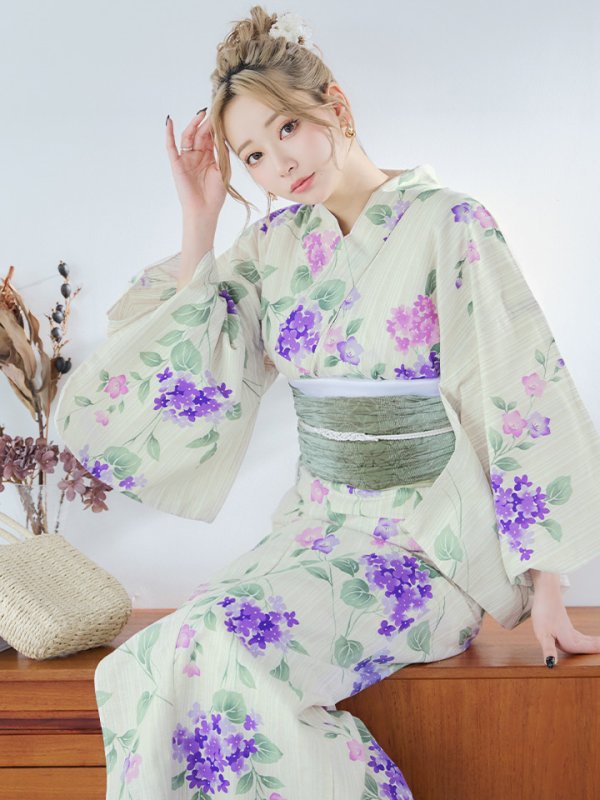 画像8: 【即日発送】クリームストライプ地x紫陽花浴衣  【浴衣３点セット 浴衣/帯/下駄】[YMT] (8)