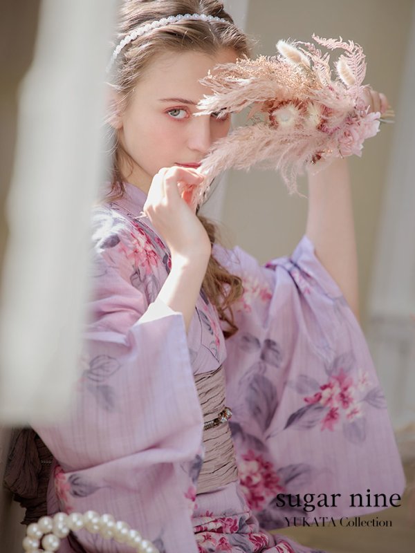 画像1: 【浴衣セール！】【即日発送】ピンクストライプ地x紫陽花浴衣  【浴衣３点セット 浴衣/帯/下駄】[YMT] (1)