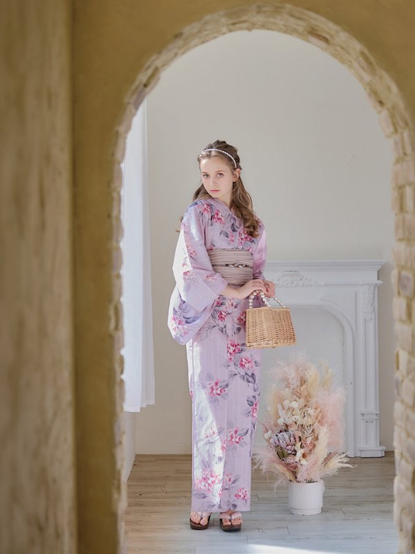 画像10: 【浴衣セール！】【即日発送】ピンクストライプ地x紫陽花浴衣  【浴衣３点セット 浴衣/帯/下駄】[YMT] (10)