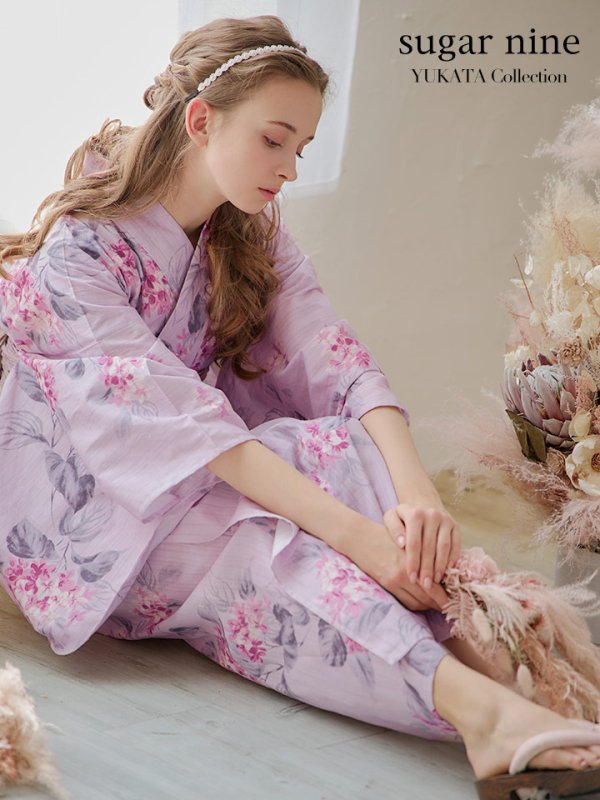 画像2: 【浴衣セール！】【即日発送】ピンクストライプ地x紫陽花浴衣  【浴衣３点セット 浴衣/帯/下駄】[YMT] (2)