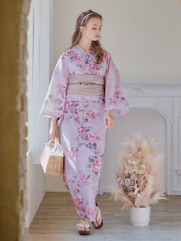 画像4: 【浴衣セール！】【即日発送】ピンクストライプ地x紫陽花浴衣  【浴衣３点セット 浴衣/帯/下駄】[YMT] (4)