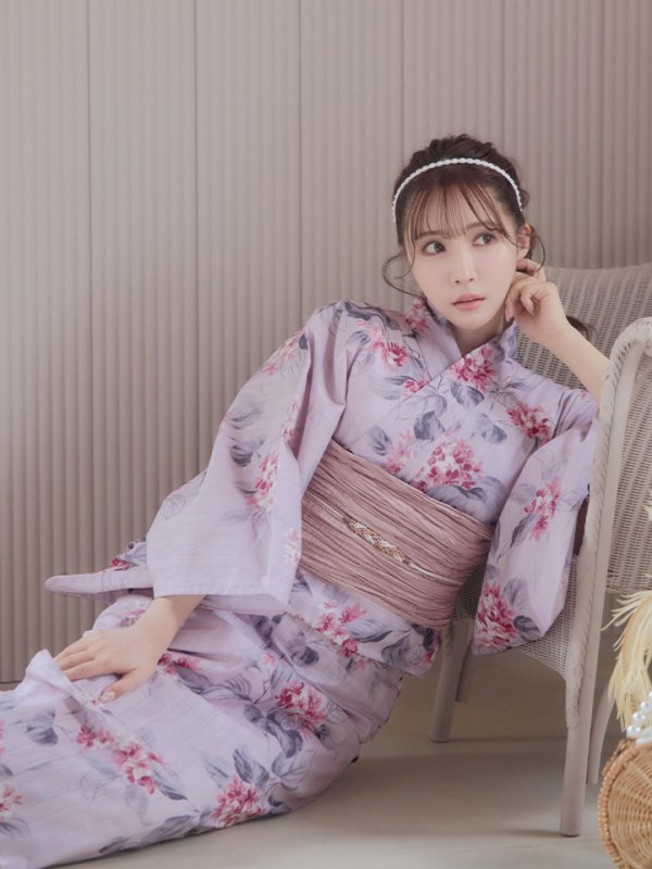 画像14: 【浴衣セール！】【即日発送】ピンクストライプ地x紫陽花浴衣  【浴衣３点セット 浴衣/帯/下駄】[YMT] (14)