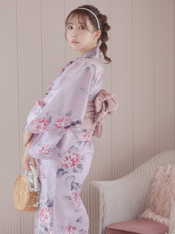 画像15: 【浴衣セール！】【即日発送】ピンクストライプ地x紫陽花浴衣  【浴衣３点セット 浴衣/帯/下駄】[YMT] (15)