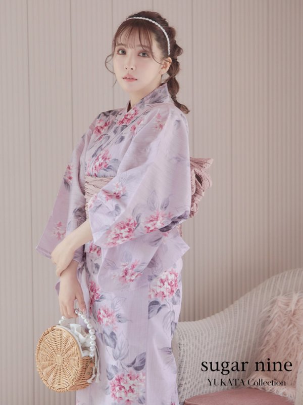 画像2: 【浴衣セール！】【即日発送】ピンクストライプ地x紫陽花浴衣  【浴衣３点セット 浴衣/帯/下駄】[YMT] (2)