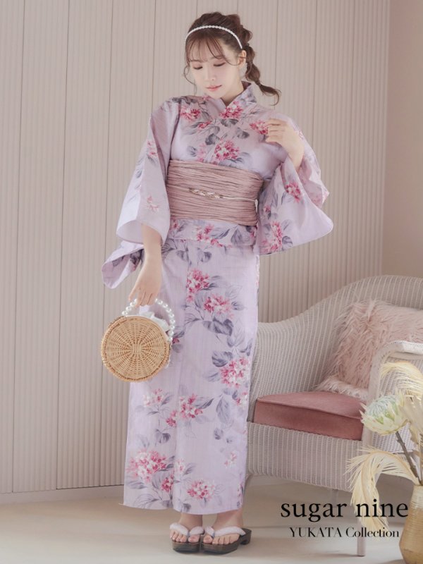 画像3: 【浴衣セール！】【即日発送】ピンクストライプ地x紫陽花浴衣  【浴衣３点セット 浴衣/帯/下駄】[YMT] (3)