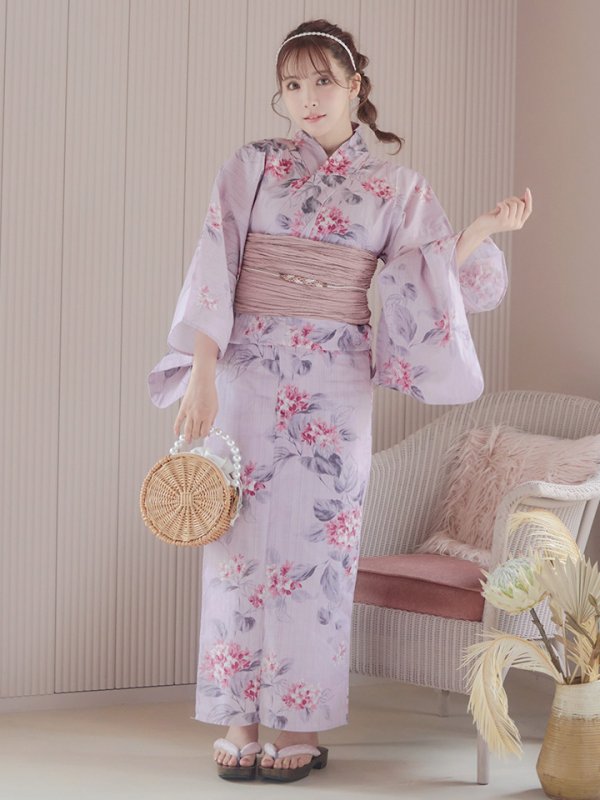 画像4: 【浴衣セール！】【即日発送】ピンクストライプ地x紫陽花浴衣  【浴衣３点セット 浴衣/帯/下駄】[YMT] (4)