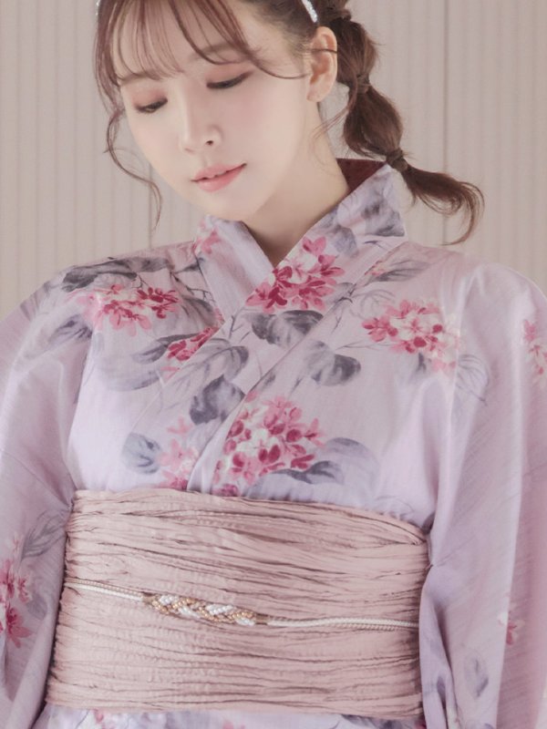 画像5: 【浴衣セール！】【即日発送】ピンクストライプ地x紫陽花浴衣  【浴衣３点セット 浴衣/帯/下駄】[YMT] (5)