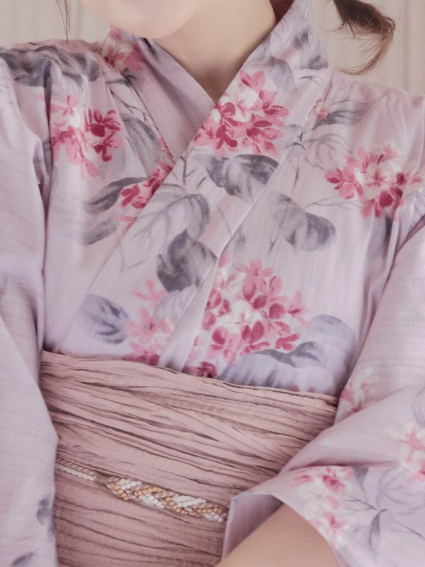 画像6: 【浴衣セール！】【即日発送】ピンクストライプ地x紫陽花浴衣  【浴衣３点セット 浴衣/帯/下駄】[YMT] (6)