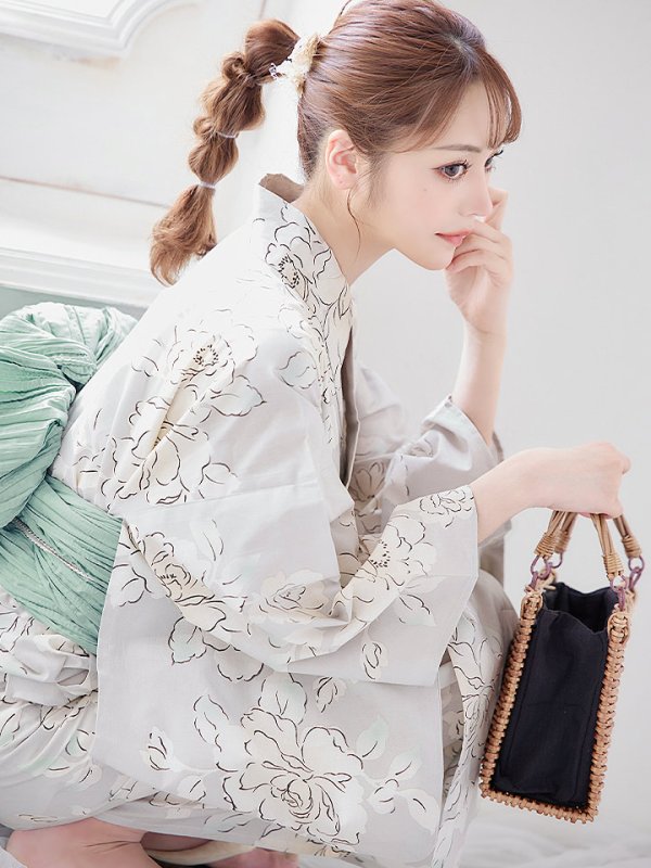 画像10: 【即日発送】グレー地にガーリー牡丹浴衣  【浴衣３点セット 浴衣/帯/下駄】[YMT] (10)